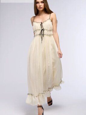 Klesis Cream and Brown Ruffle Trim Maxi Dress - Small
